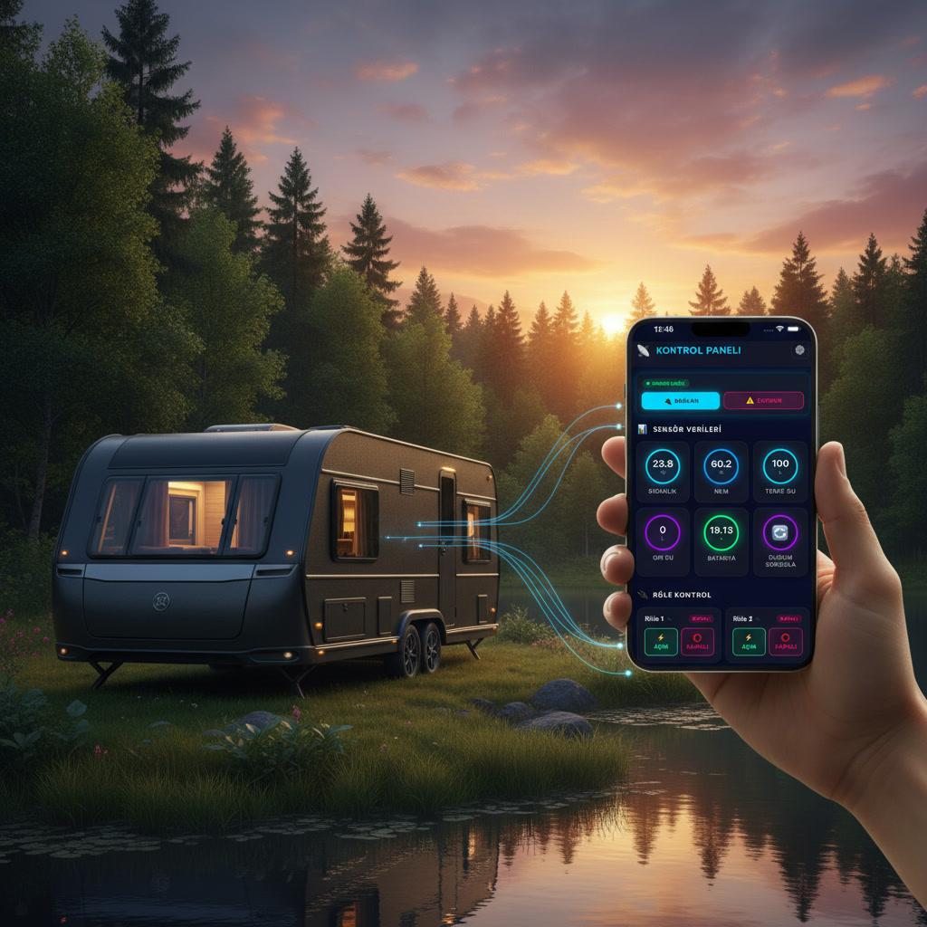Göl kenarında park etmiş modern karavan - IoT kontrol paneli ile akıllı otomasyon